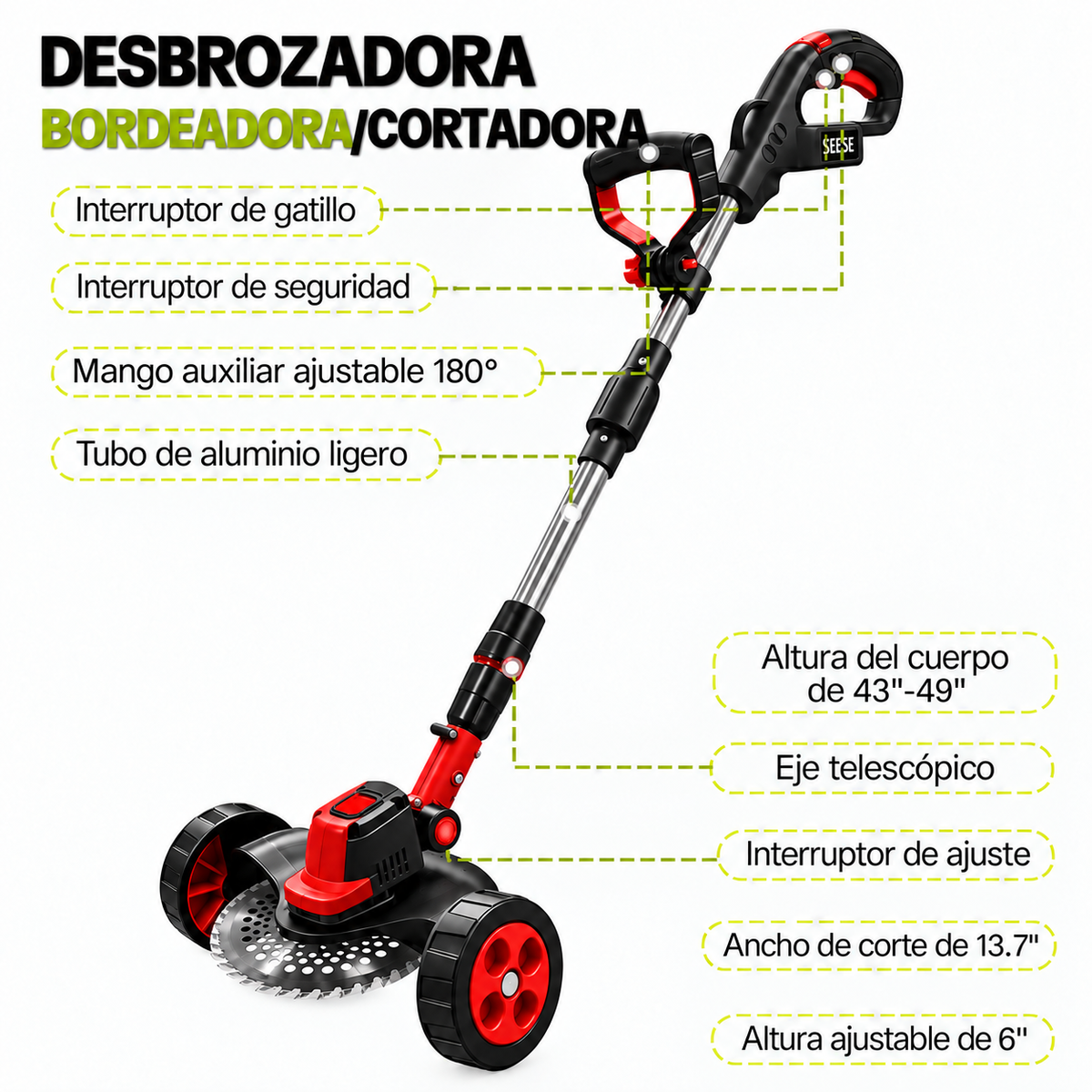 Podadora Inalambrica Cesped con Ruedas