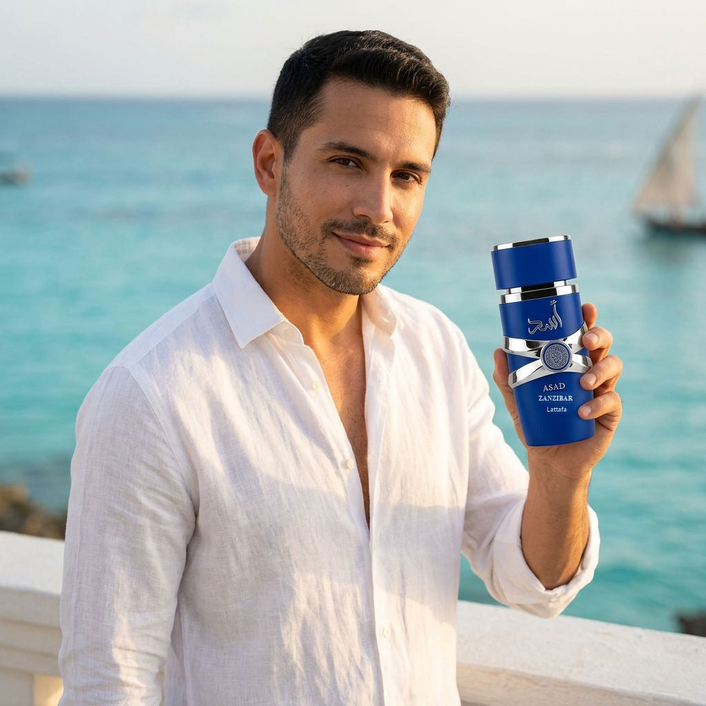 Hombre con el perfume Lattafa Asad Zanzibar 100 ml