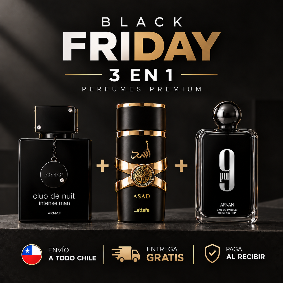 BLACK FRIDAY | Pack 3x1 Perfumes Árabes para Hombre - Armaf Club de Nuit Intense + Lattafa Asad + Afnan 9PM 100ml cada uno