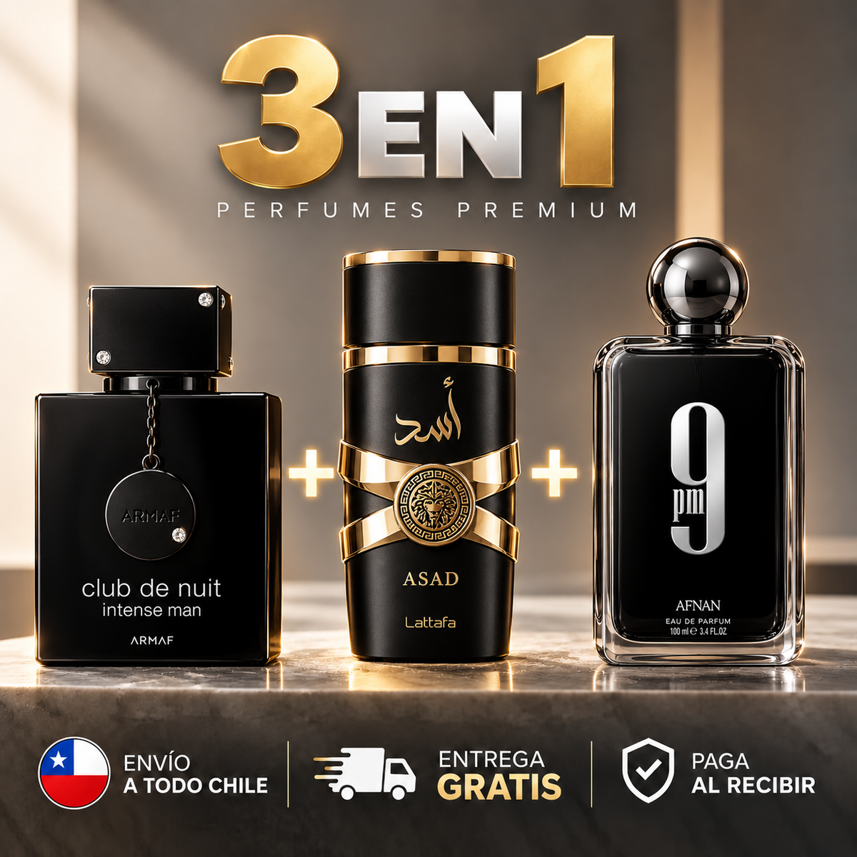 Pack 3x1 Perfumes Hombre | Armaf Club de Nuit Intense + Lattafa Asad + Afnan 9PM