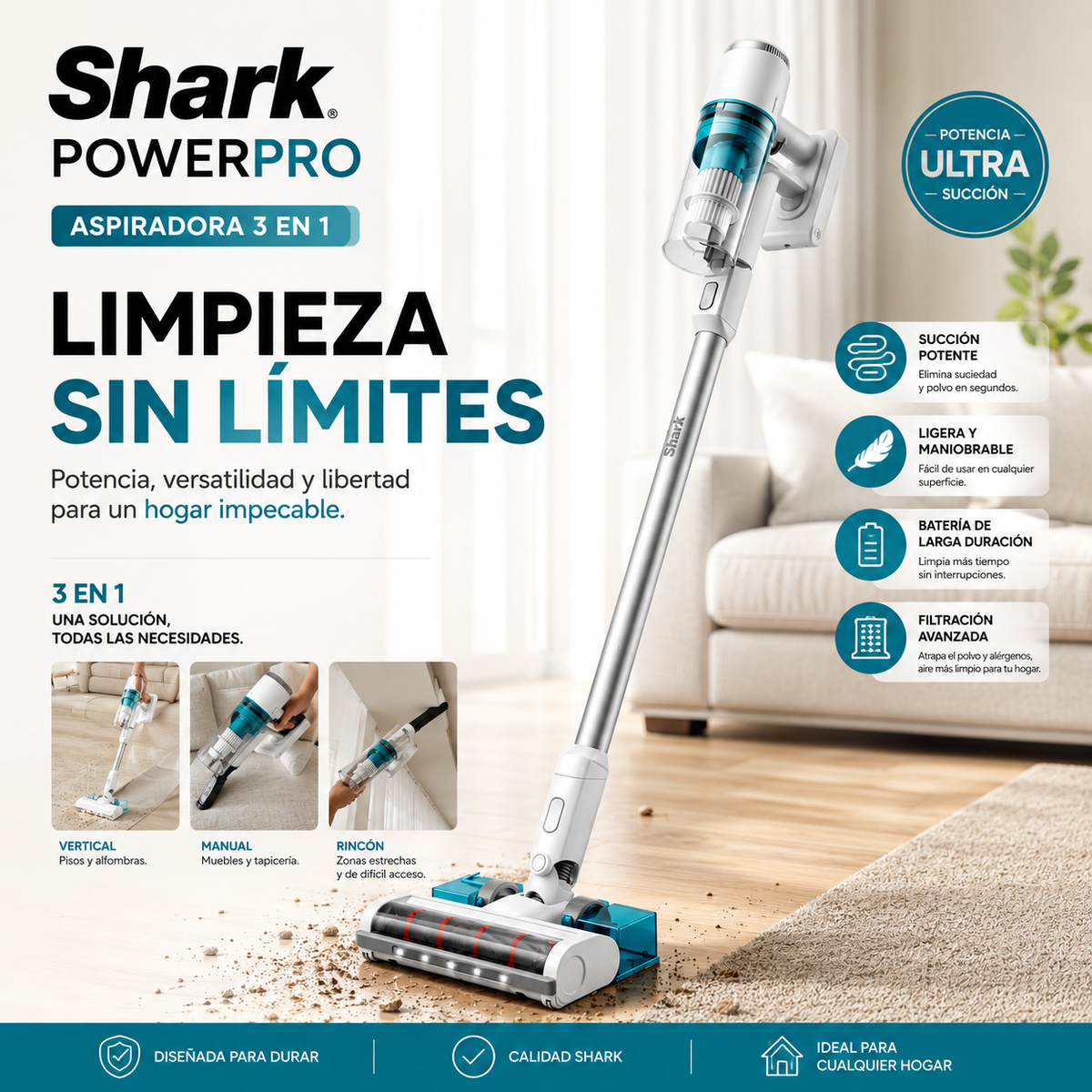 Shark PowerPro™ | Aspiradora Inalámbrica 2 en 1 - Superligera y Portátil