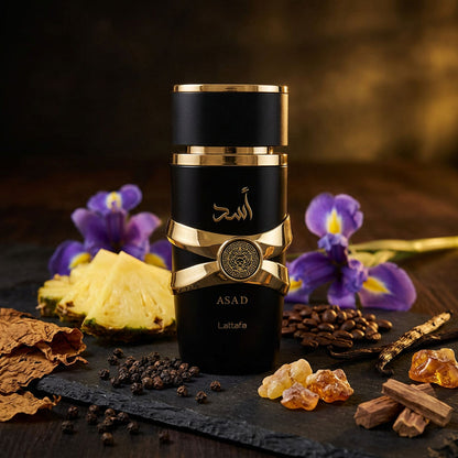 Asad con pimienta negra, piña, tabaco, café, iris, vainilla, ámbar y madera