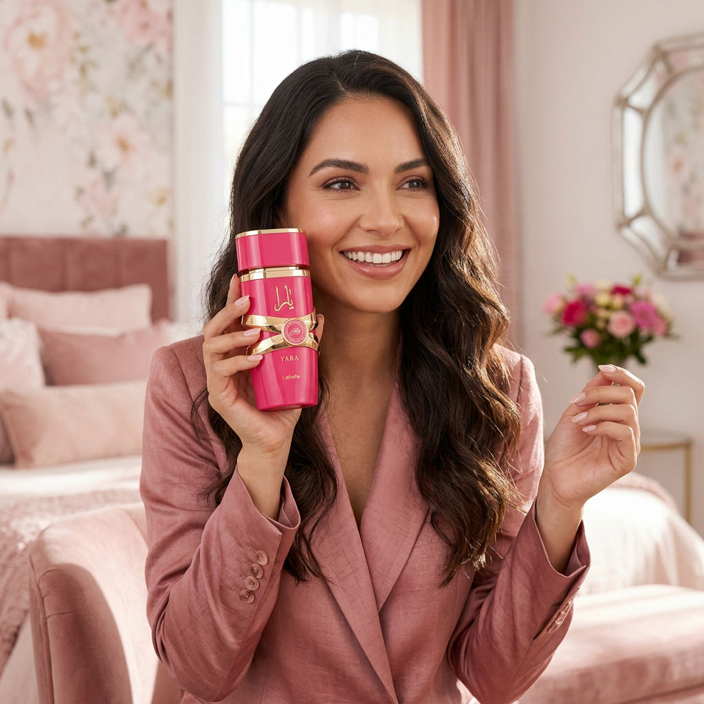 Mujer sosteniendo el perfume Yara Candy de Lattafa