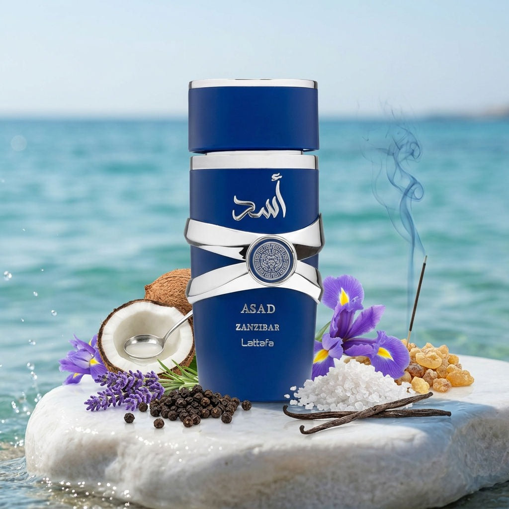 Lattafa Asad Zanzibar con sus notas: pimienta negra, lavanda, agua de coco, iris, sal, vainilla e incienso